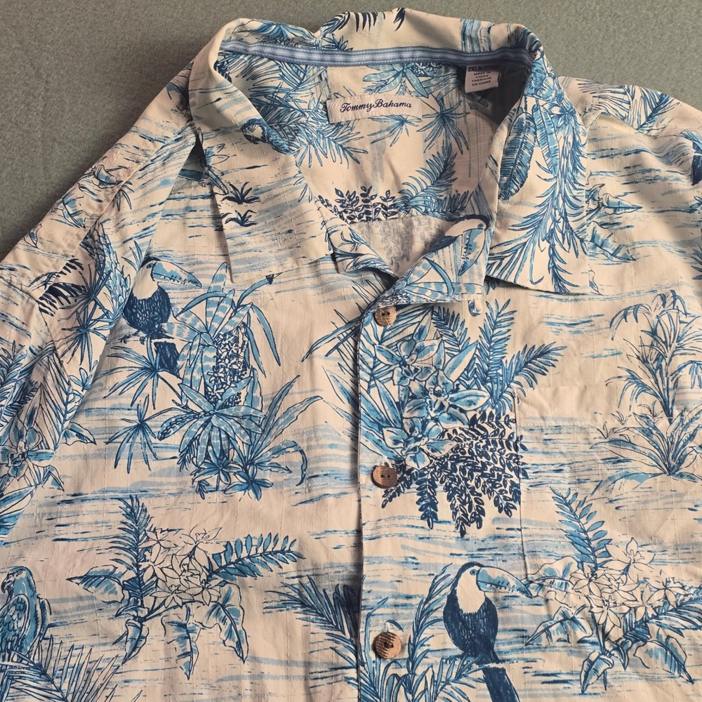 Tommy Bahama Mens 2XLB Blue White Silk Tropical Parrot Toucan Camp Shirt 2XL Big - Picture 12 of 15
